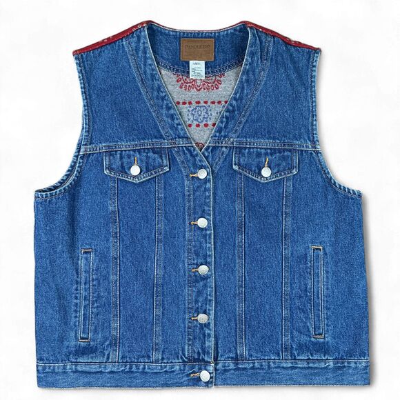 Pendleton Womens Wool Denim Trucker Vest Size L Red Floral Print Blue Western - Picture 2 of 11